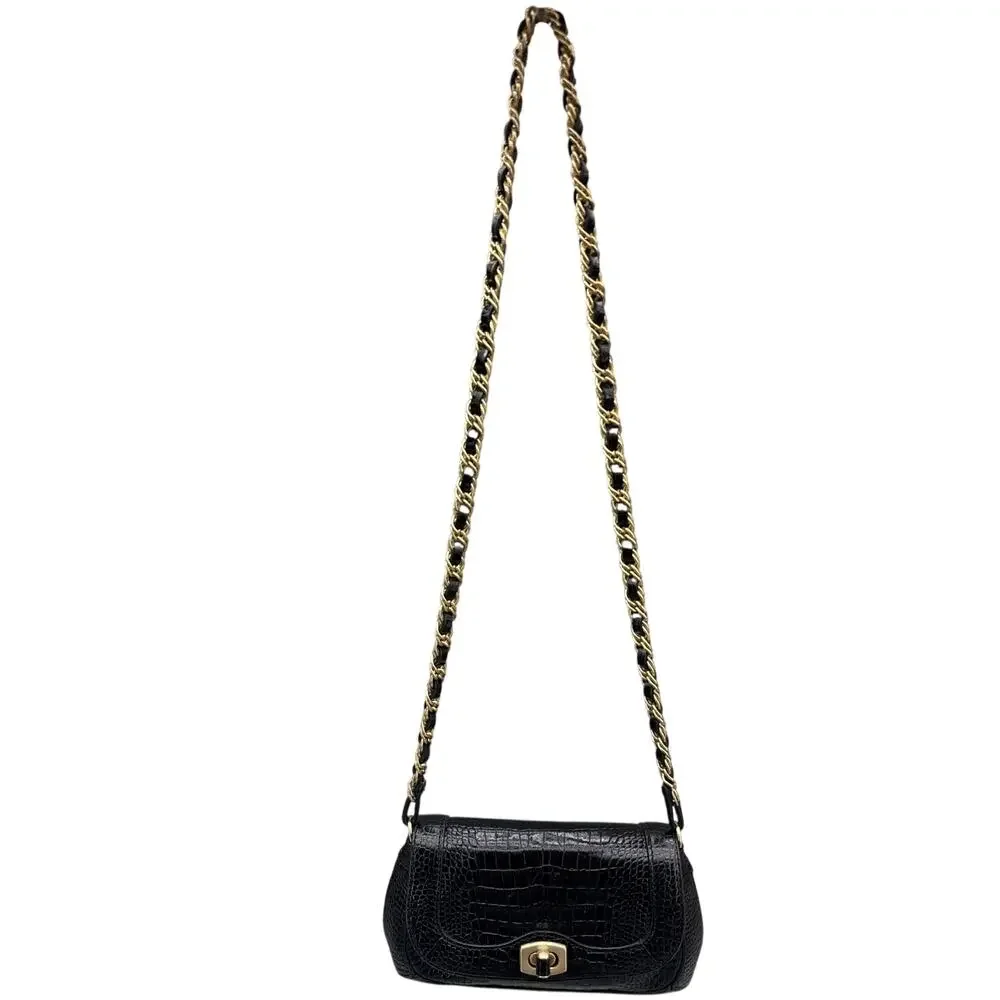 Ann Taylor Black Leather Croc-Embossed Gold Chain Small Shoulder Bag